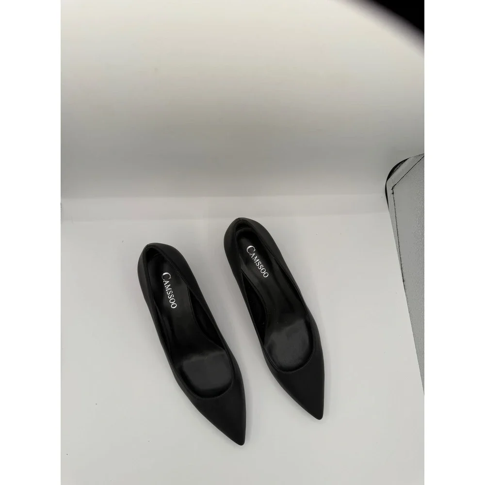 CAMSSOO Womens Black Pointed Toe Kitten Heel Pumps Size 39 Business Formal Shoes
